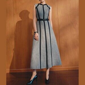 Gray Tweed Colorblock Trim Sleeveless A-Line Flare Elegant Midi Dress w/ Belt